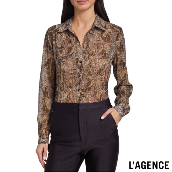 L’AGENCE **NWT** Laurent Blouse In Brown Multi Neutral Paisley - Picture 4 of 12
